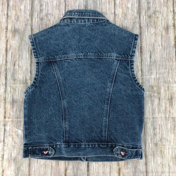 90’s Vintage Denim Floral Burnout Rhinestone Button Front Collared Vest Small - Picture 6 of 10